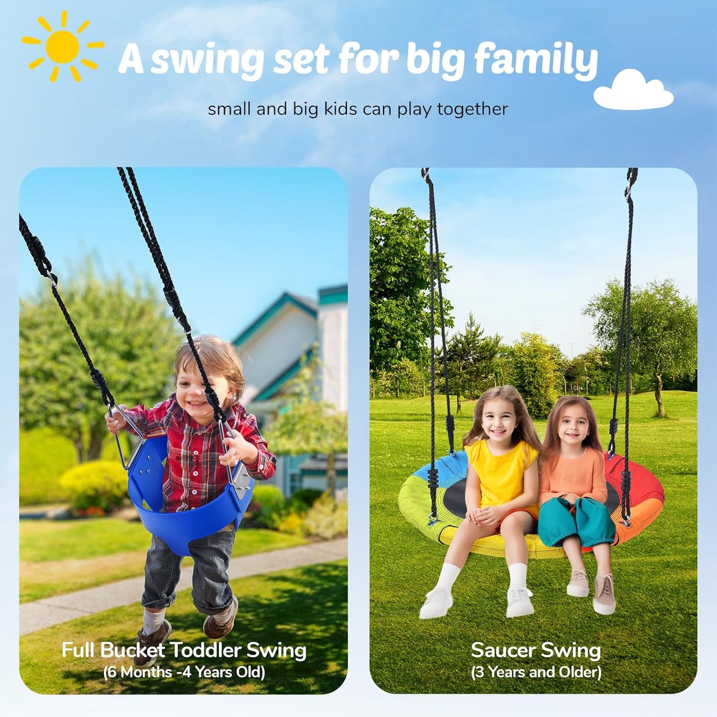 Trekassy Swing Sets for Backyard, 440lbs Heavy Duty A-Frame Metal Swing Stand with 1 Saucer Swing and 1 Toddler Swing, Outdoor Kids Play Equipment for Playground, Playset