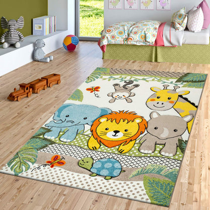 Kids Rug with Cute Animals on a Hot Air Balloon Ride in Pastel, Size: 2'8" x 4'11"