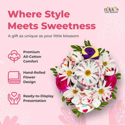 Deluxe Baby Blossom Clothing Bouquet | Newborn Baby Girl Gift Set | Gift for Expecting Moms and Gender Reveals | New Baby Gift Basket | Pink Baby Gift Set | Baby Girl Outfits | Nikki's Gift Baskets