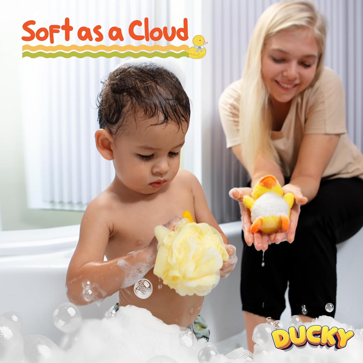 Ducky Scrub 'N Soak Baby Loofah for Bathing Set for Kids Body Scrubber Cute Cartoon Kids Loofah Bath Scrubber for Children Shower Washing Exfoliating, Baby Bath Sponge Yellow Duck Included
