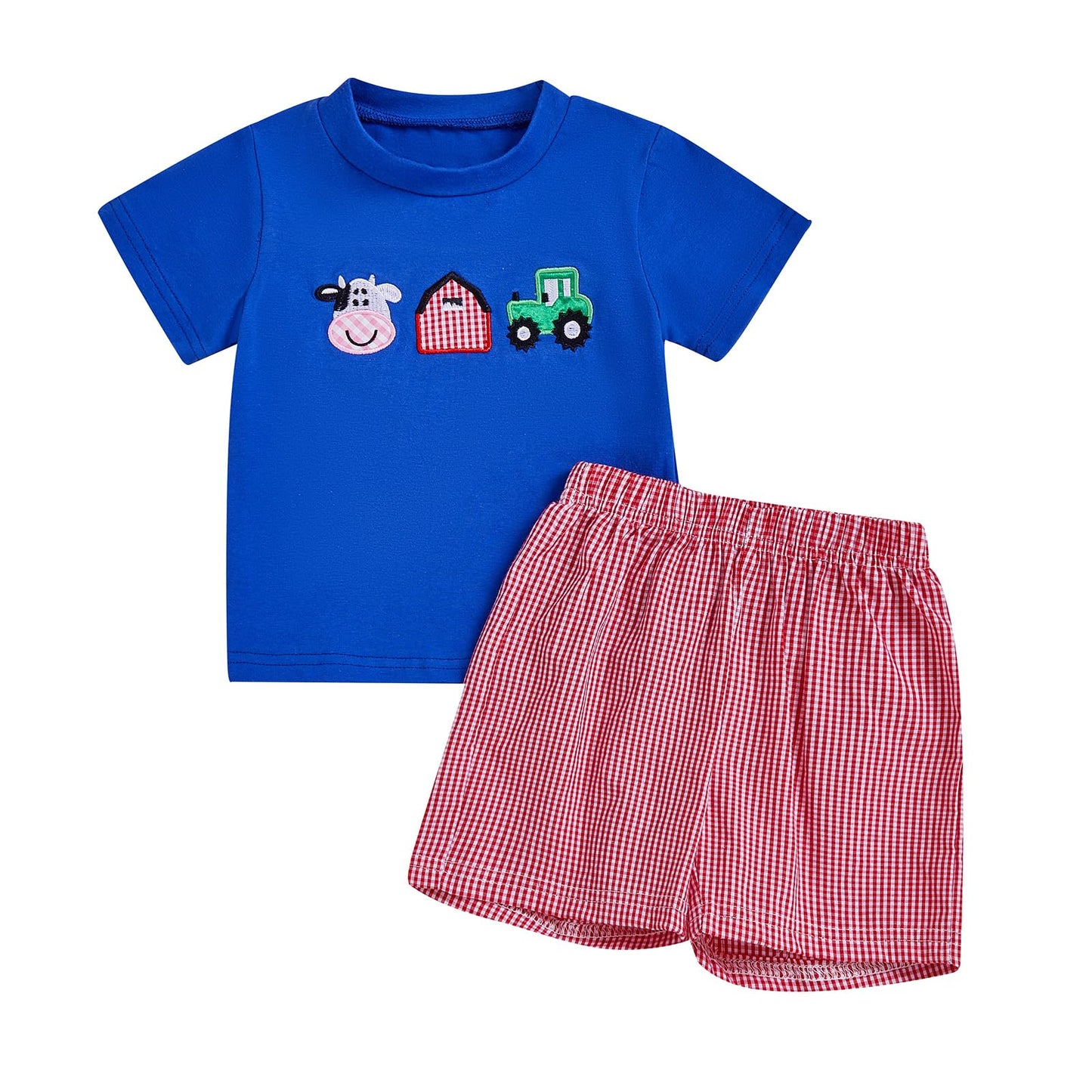 Toddler Baby Boy Summer Outfits Short Sleeve Embroidered T Shirt Tees + Striped/Plaid Shorts Infant Clothes Set