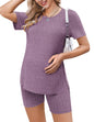 Ekouaer Maternity Sets 2 Piece Outfits Ribbed Knit Short Sleeve Shirts and Biker Shorts Pregnancy Loungewear Mama Clothes