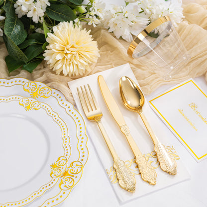 Ciaell 175 PCS White and Gold Plastic Plates - Fancy Gold Disposable Dinnerware Set with of 25 Dinner Plates, 25 Salad Plates, 25 Knives, 25 Forks, 25 Spoons, 25 Cups, 25 Napkins for Weddings Party
