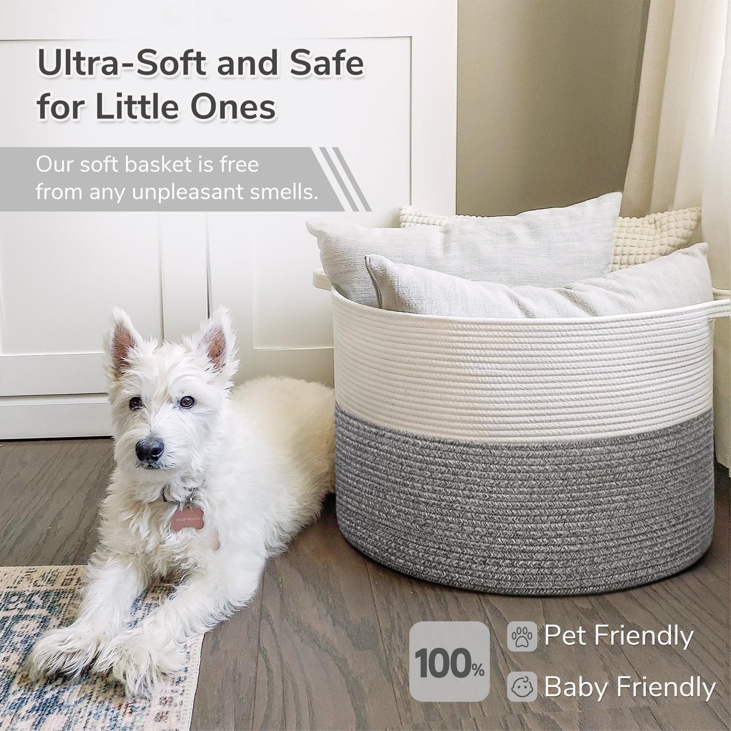 INDRESSME XXXLarge Cotton Rope Basket 21.7" x 21.7" x 13.8" Woven Baby Laundry Blanket Basket Toy Baskets with Handle Storage Comforter Cushions Thread Laundry Hamper