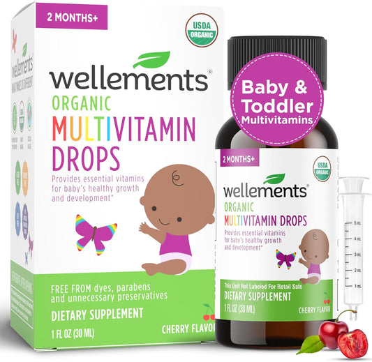 Wellements Organic Baby Multivitamin Drops (1 Fl Oz) - Cherry Flavor Liquid Multivitamins for Infants & Toddlers (2 Months+) - Toddler Vitamins for Immune Support*, Healthy Growth & Bone Development*