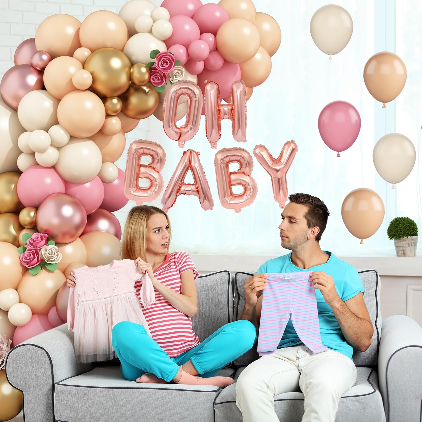 Sage Green Baby Shower Decorations,Boho Greency Neutral Balloon Arch with Oh Baby Balloon Banner Green Gold Balloons For Boy Girl Woodland Baby Shower Birthday Party Supplies