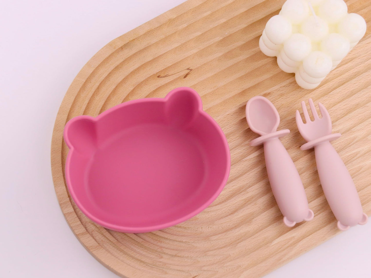 Bear Silicone Baby Bowl Suction Baby Spoon and Fork for Babies 6 months+ Suction Bowls for Baby Utensils 6-12M+ BLW Essentials (Peach Lilac)