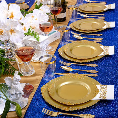 Morejoy 175PCS Rose Gold & Silver Plastic Dinnerware Set: 25 Plates, 25 Forks, 25 Knives, 25 Spoons, 25 Cups, 25 Napkins - Perfect for Wedding & Party