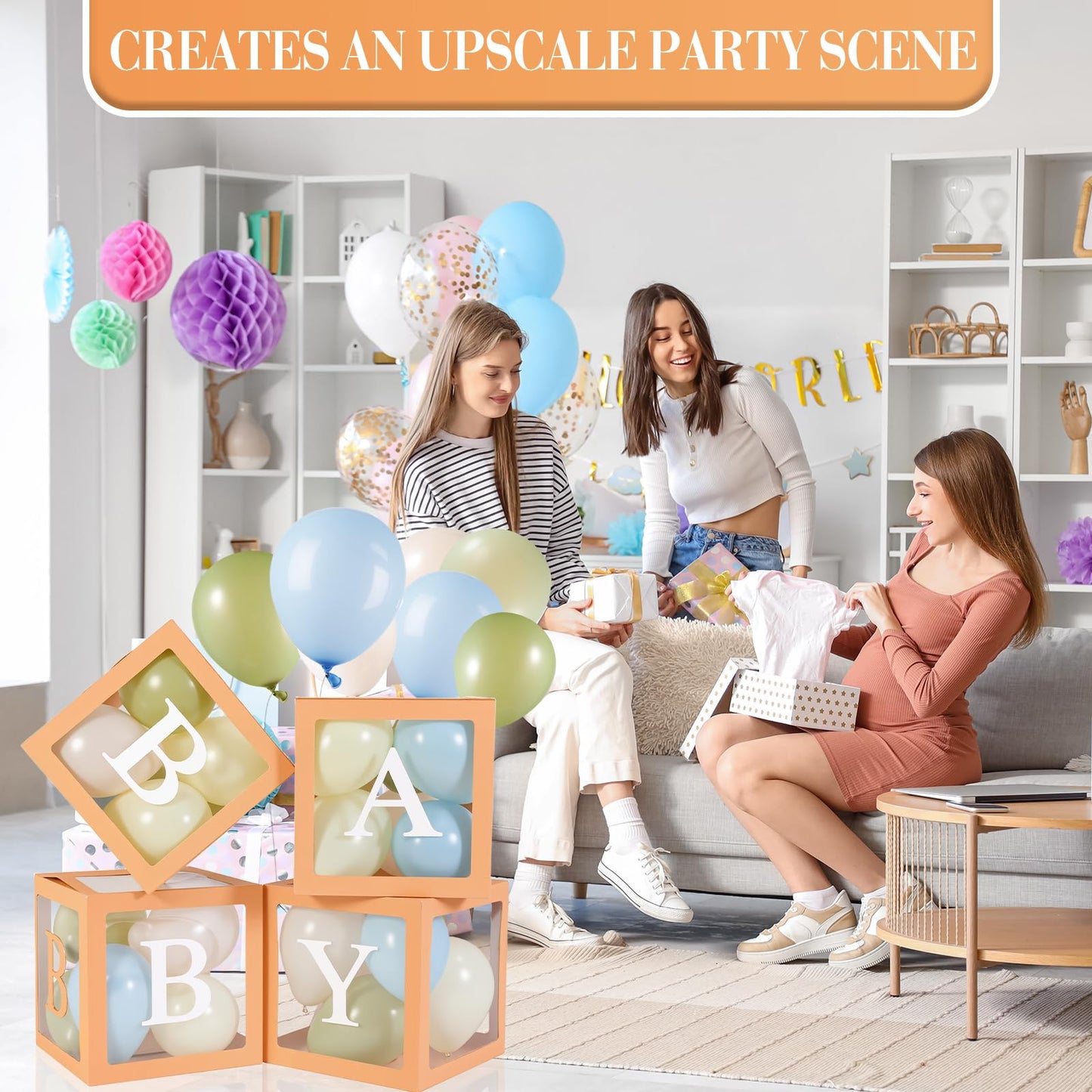 Zhanmai Baby Boxes for Bear Baby Shower Decoration with 4 Letters 36 Balloons 4pcs Transparent Clear Balloon Box Blocks for Boy Girl Balloon Boxes Gender Reveal Party Favors (Brown, Apricot, Blue)