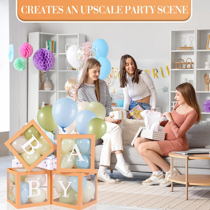 Zhanmai Baby Boxes for Bear Baby Shower Decoration with 4 Letters 36 Balloons 4pcs Transparent Clear Balloon Box Blocks for Boy Girl Balloon Boxes Gender Reveal Party Favors (Brown, Apricot, Blue)