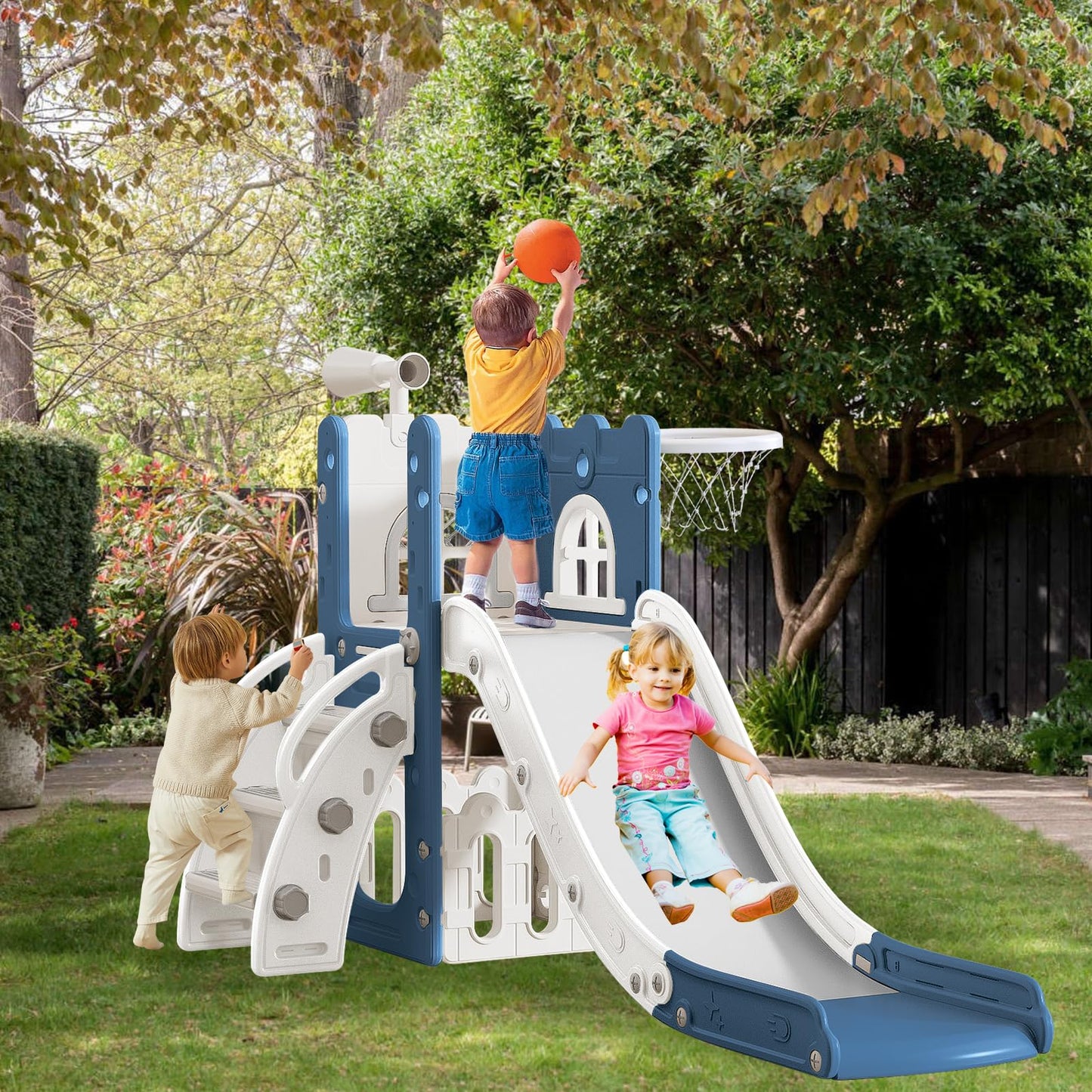 6 in 1 Toddler Slide for Toddler Age 1-3,Kids Climber Slider for Indoor Outdoor Playground with Basketball Hoop,Storage and Telescope,L Shaped Slide for Toddler Climber Playset
