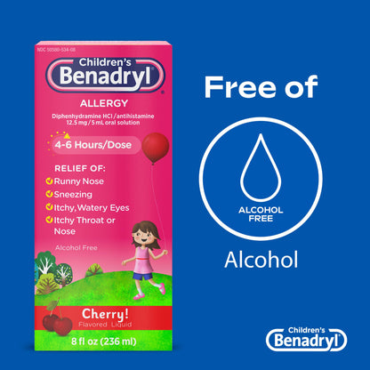 Benadryl Children's Dye-Free Allergy Relief Liquid + 12.5 mg Diphenhydramine HCl, Antihistamine Allergy Medicine for Kids Helps Relieve Runny Nose & Sneezing, Bubble Gum Flavor, 8 fl. oz