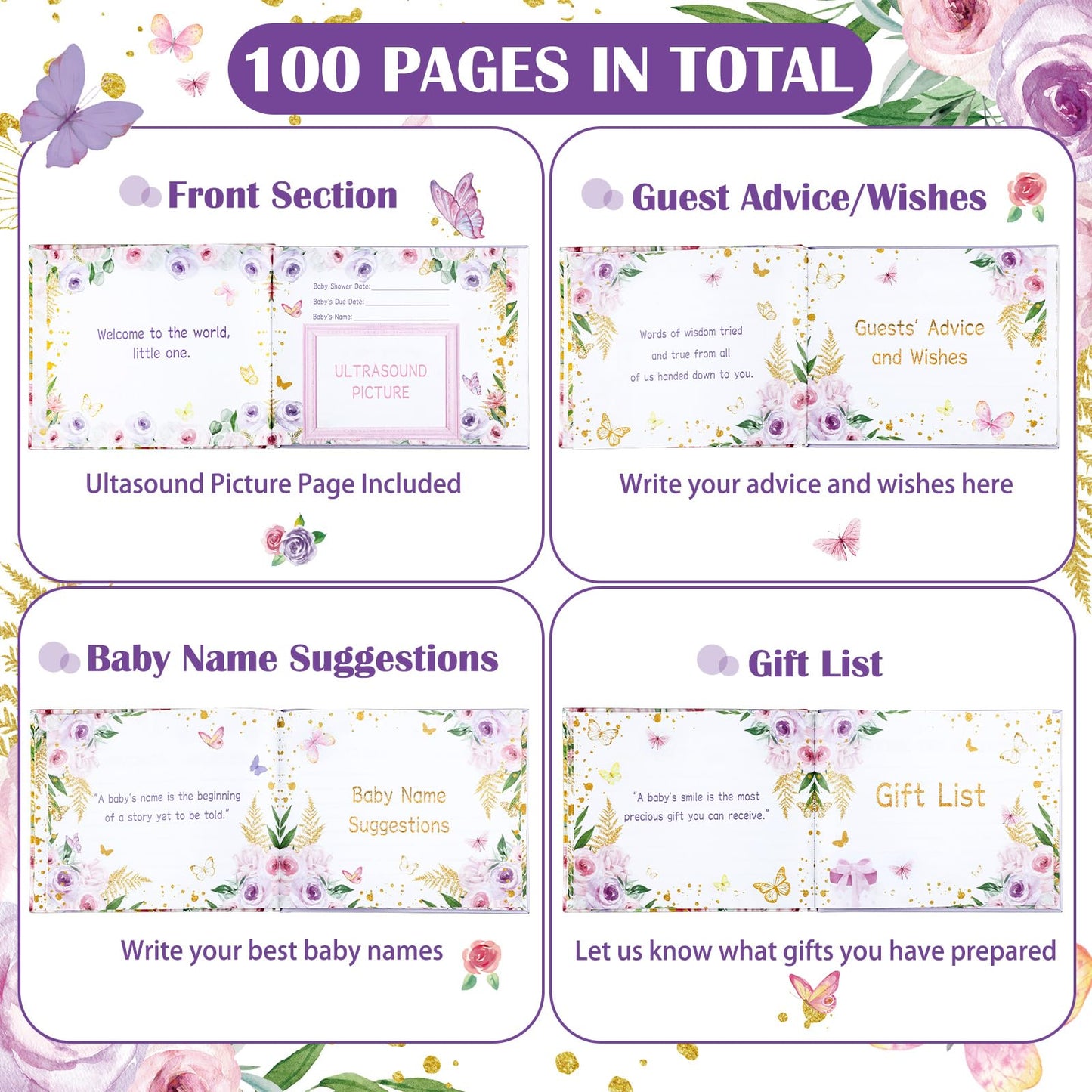 27 Pcs Butterfly Floral Baby Shower Guest Book Set Baby Shower Sign in Guest Floral Book Place Table Cards with Gold Pen Adhesive Photo Corner for Birthday Party