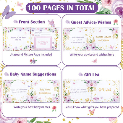 27 Pcs Butterfly Floral Baby Shower Guest Book Set Baby Shower Sign in Guest Floral Book Place Table Cards with Gold Pen Adhesive Photo Corner for Birthday Party