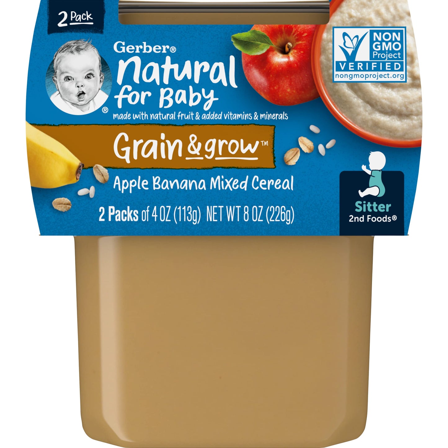 Gerber Nature Fruits Apples Bananas & Cereal, 4 Oz, 2 Ct Tubs