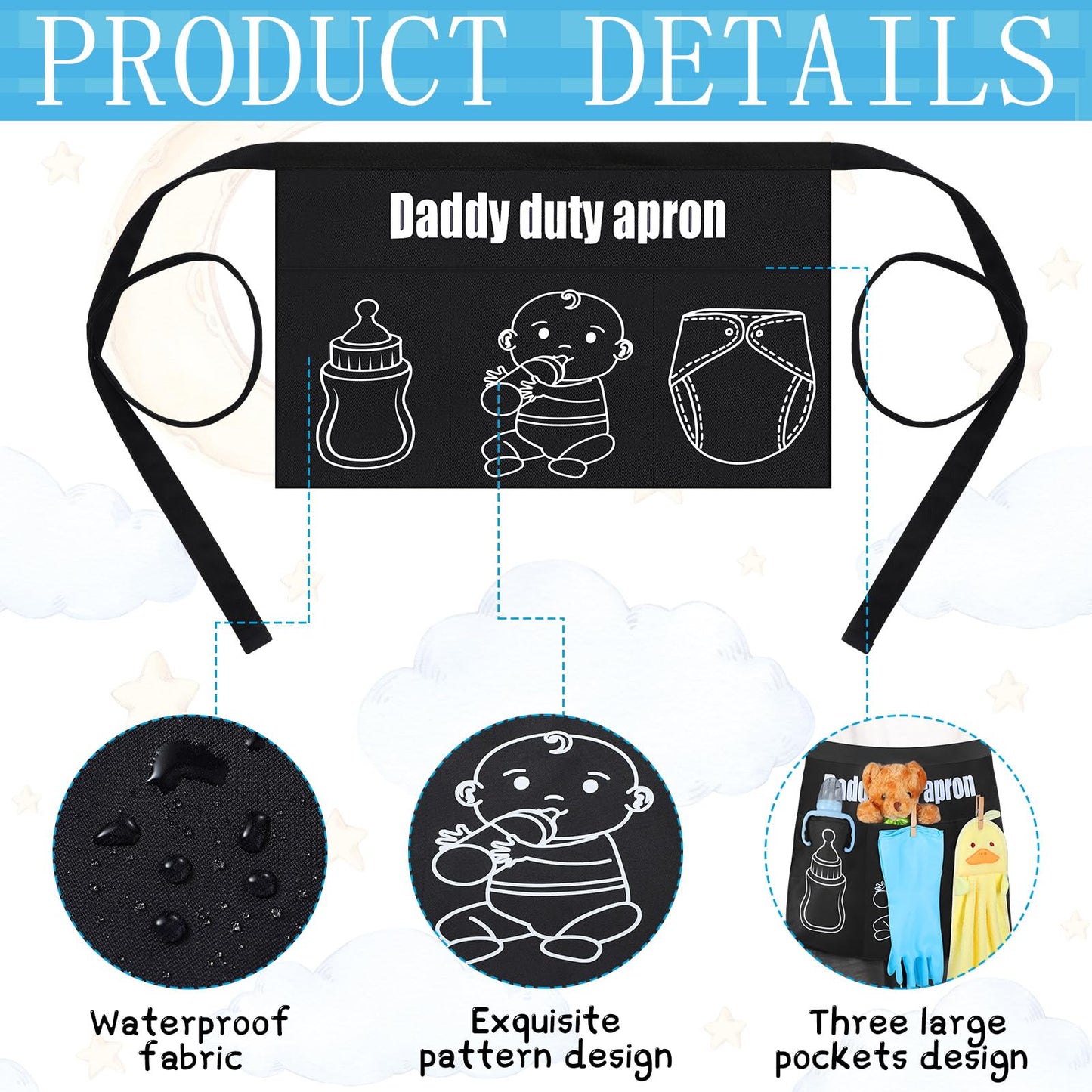 7 Pcs Daddy Duty Apron Diaper Duty Apron New Dad Gifts for Baby Shower Gender Reveal First Time New Dad Gifts (Black,Classic)