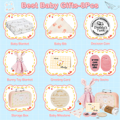 Baby Gift Basket, Newborn Baby Boy Gift Basket, Multiple Pieces Newborn Essentials for New Baby Gifts Basket Set with Baby Blanket, Baby Bunny Rattle, Keepsake Milestone, Elephant Toy, Baby Socks