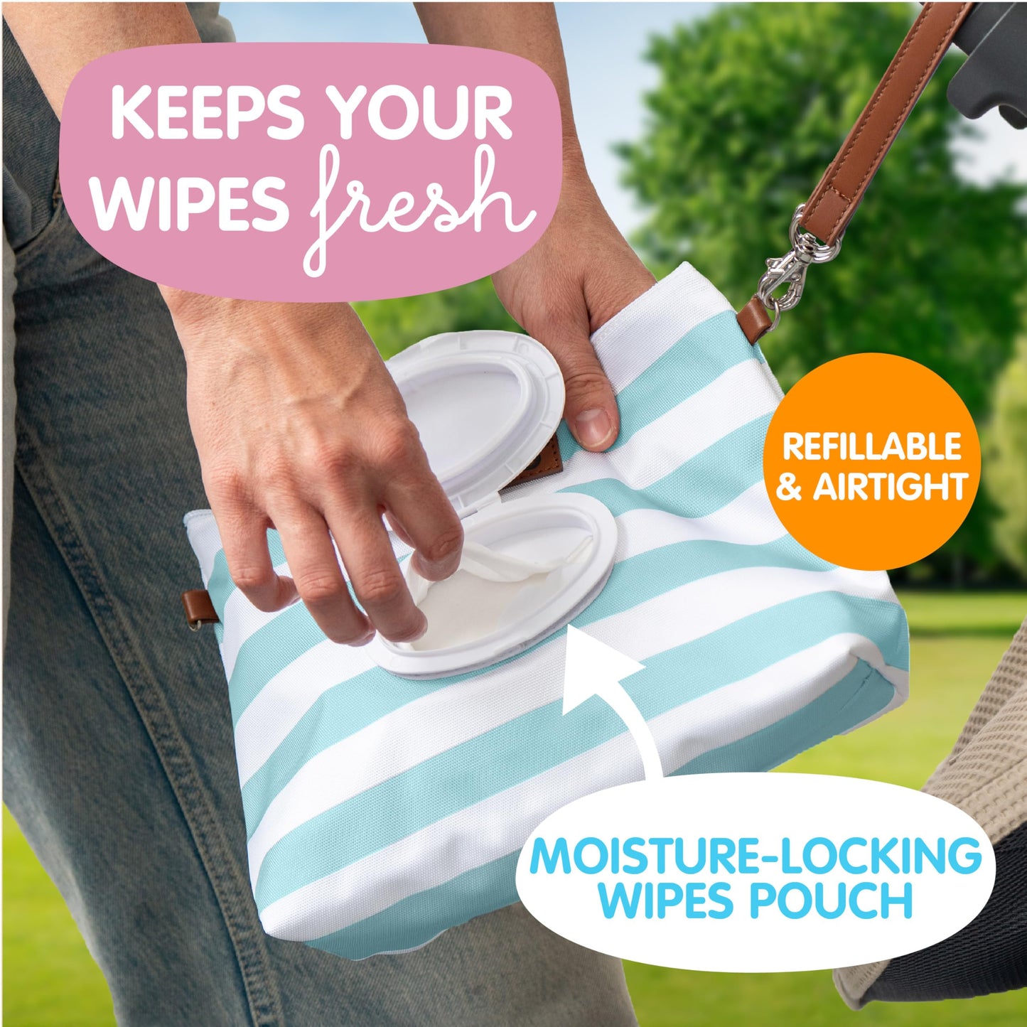 Bumco Diaper Clutch Bag with Refillable Wipes Dispenser - Water Resistant, Lightweight Diaper Pouch with on the go Wipes Dispenser, Portable Baby Wipe Dispenser, (Pink Stripes)