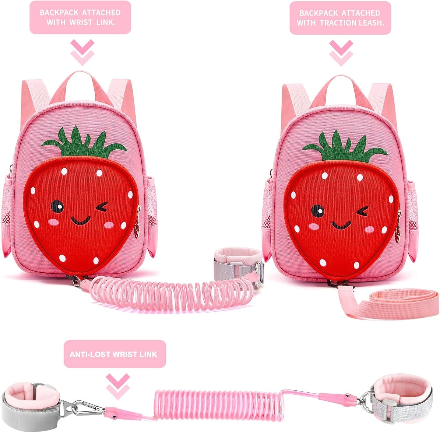 Toddler Backpack with Leash, Accmor 4 in 1 Kids Mini Backpacks with Anti Lost Wrist Link, Cute Child Harness Bag Rein for Outdoor, Strawberry Back Pack Rope Tether for Baby Girls Aged 1-3 Years (Pink)