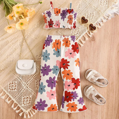 Toddler Baby Girl Boho Outfits Floral Ruffle Rib Sleeveless Halter Tops Bell Bottom 2Pcs Kids Summer Clothes Set