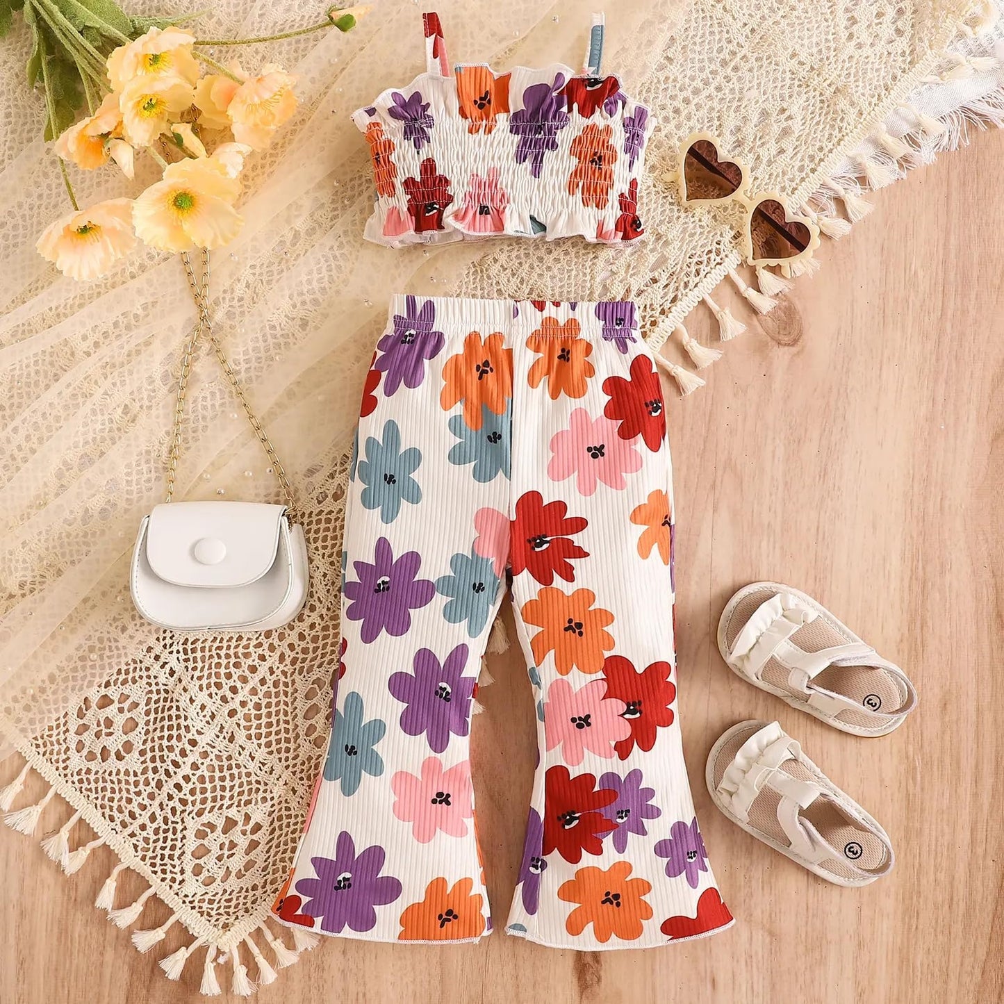 Toddler Baby Girl Boho Outfits Floral Ruffle Rib Sleeveless Halter Tops Bell Bottom 2Pcs Kids Summer Clothes Set