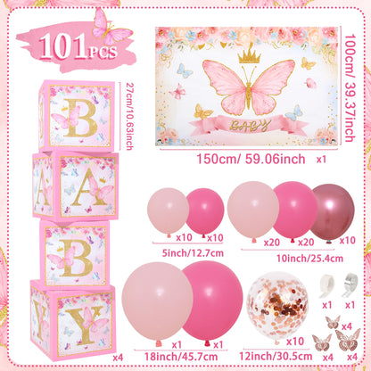 Pink Butterfly Baby Shower Decorations for Girl，Pink Balloon Garland Arch Kit，Pink Butterfly Baby Boxes and Butterfly Backdrop Kit for Baby Shower Butterfly Decorations Birthday Party Decor