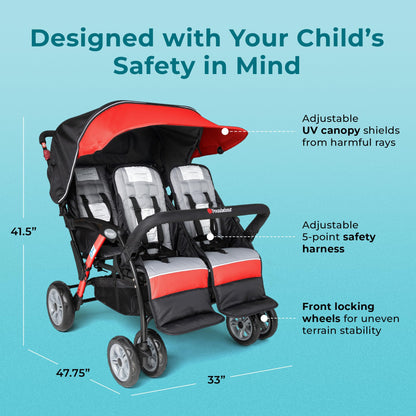 Gaggle by Foundations Compass Quad 4 Seat Stroller | 4-Seat Stroller for Daycare | Oversized UV Blocking Canopy | 5-Point Harness | Easy Loading | Storage Bucket | Black