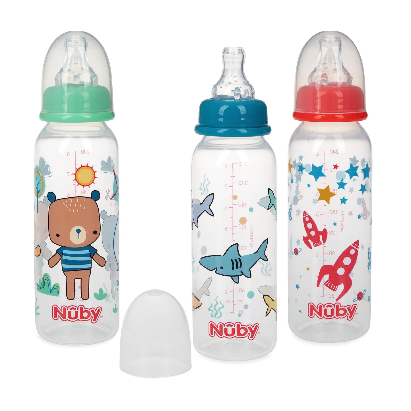 Nuby Printed Non-Drip 8oz Bottle, 3 Pack - Pink, Purple, Aqua