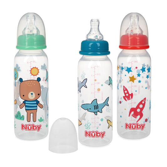 Nuby Printed Non-Drip 8oz Bottle, 3 Pack - Pink, Purple, Aqua
