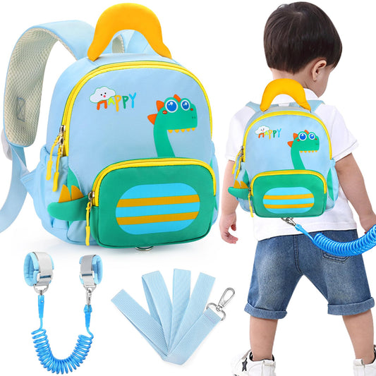 Accmor Toddler Leash Backpack with Anti Lost Wrist Link, Cute Dinosaur Bag Children Safety Walking Harness with Removable Little Pouch, Kids Travel Essential Mini Back Pack with Tether for Baby Boys