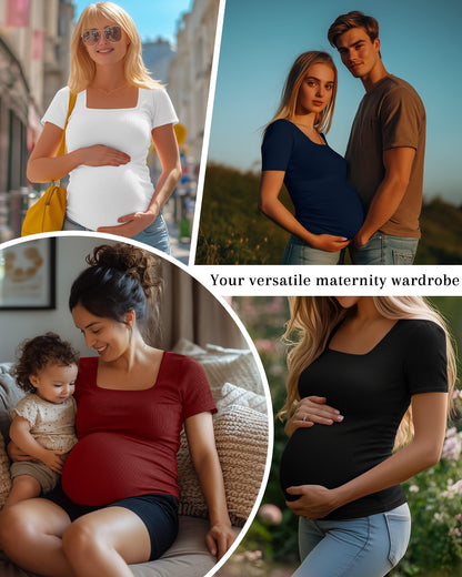 Huukeay 4 Pack Women's Maternity Shirts Cotton Ribbed Short Sleeve Square Neck Pregnancy Tops Side Ruched Summer Tee