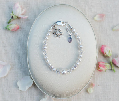 Cherished Moments Baby or Children's Sterling Silver Flower Girl Bracelet with High-End Simulated Pearls with Daisy Charm for Infants, Toddlers, Kids, or Little Girls