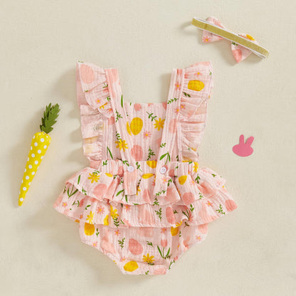 Baby Girls Flutter Sleeve Ruffles Layered Romper Dress Cute Patterns Printed Holiday Outfit with Headband