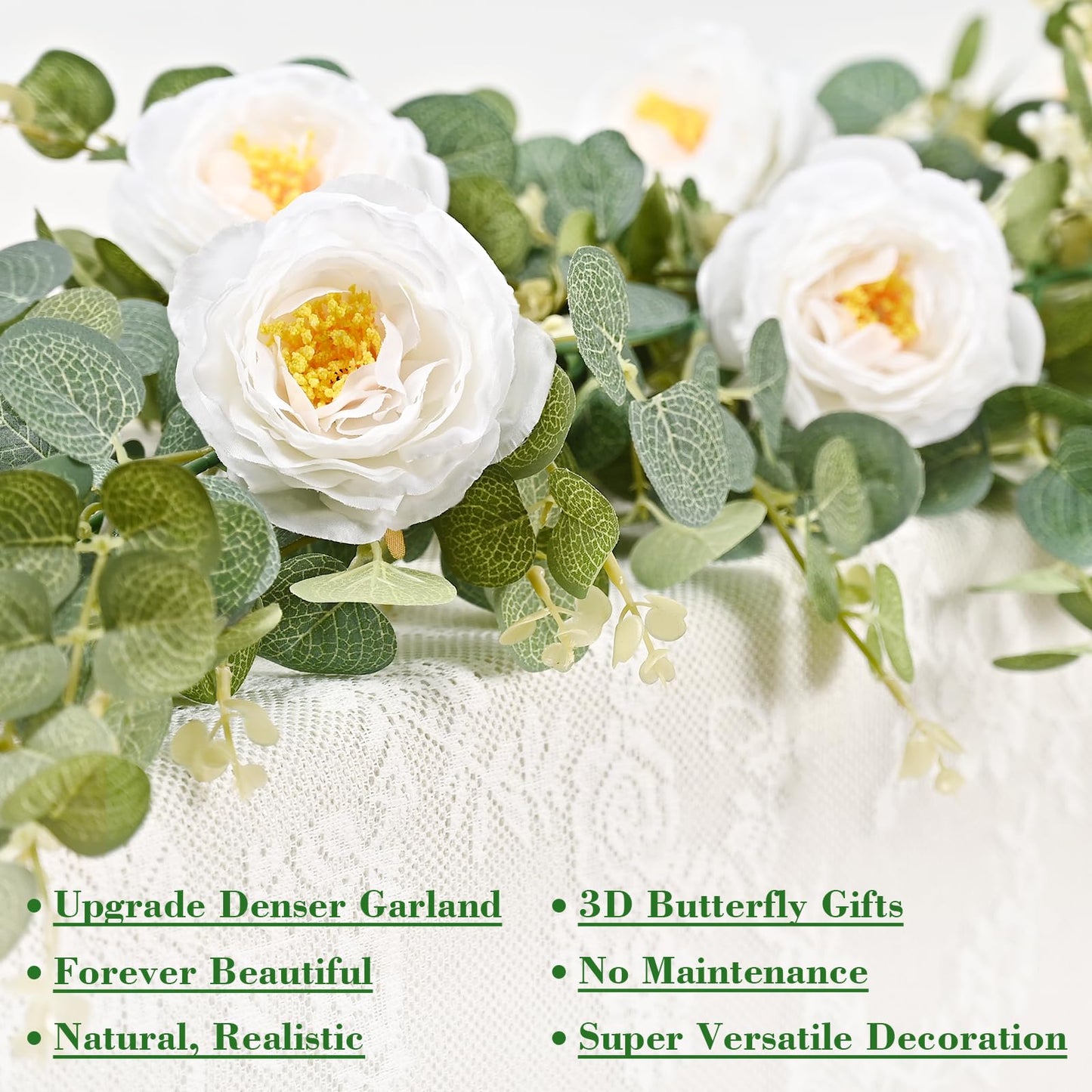Yastouay 6.4 Ft Fuller Artificial Eucalyptus Garland with Champagne Flowers Fake Rose Vine for Table Centerpiece Wedding Baby Shower Party Room Backdrop Decor