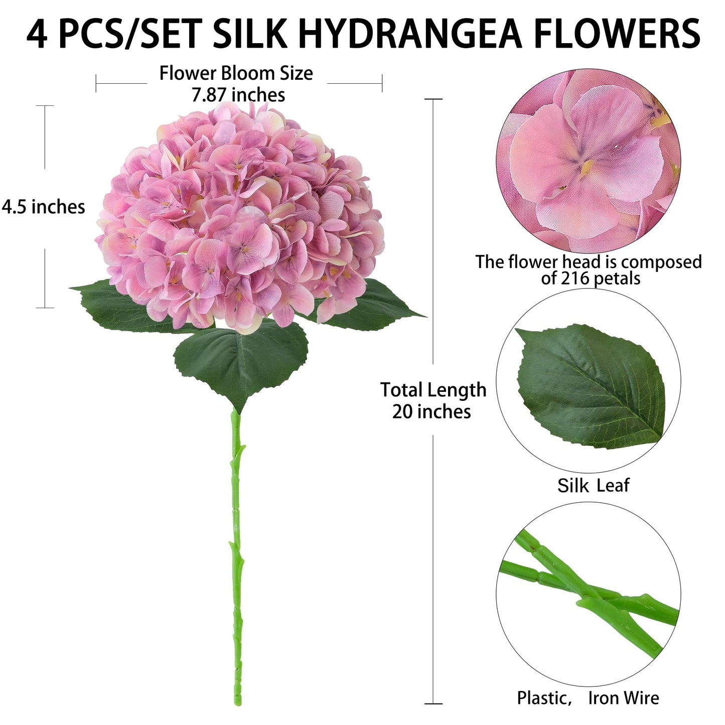 4 Pcs Pink Hydrangeas Artificial Flowers, 20 inches Large Lifelike Fake Silk Flowers, Faux Hydrangeas Flowers for Wedding Home Party Decor Baby Shower Table Centerpiece