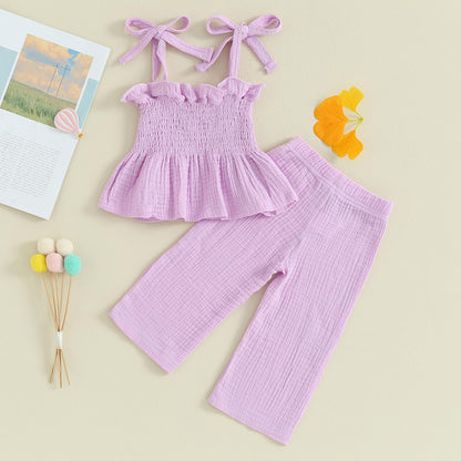 VISGOGO Infant Baby Toddler Girls Clothes Solid Color Sleeveless Camisole Linen Pants Set Baby Summer Outfits