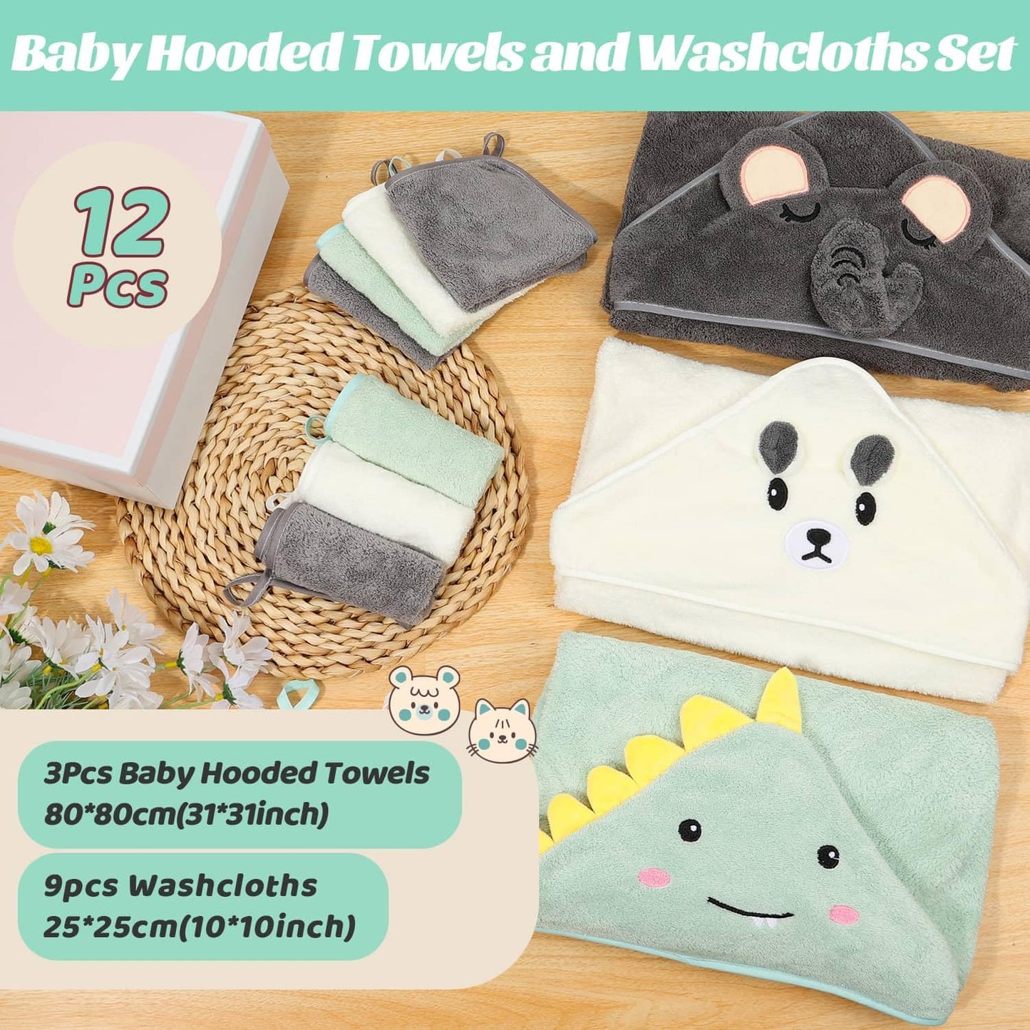 31x31 Inch Baby Hooded Towels, 12Pcs Bath Towels for Boys, Washcloth Set with Cute Design, Shower Towel Gift for Newborns, Infants and Toddlers