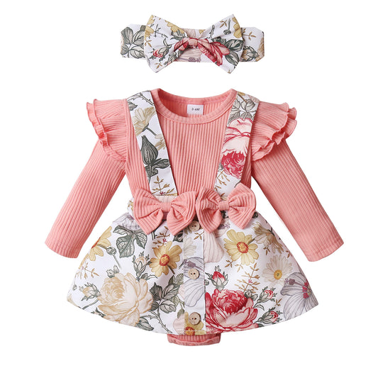 Newborn Baby Girl Clothes Infant Romper Floral Suspender Dress Ruffle Sleeve Onesie Outfit Jumpsuit Headband Spring Summer