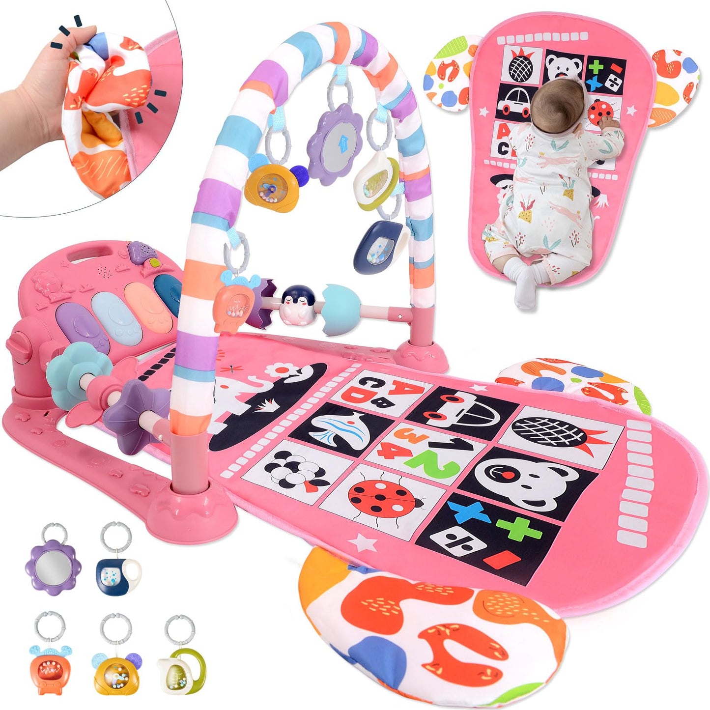 Baby Play Gym for 0-6 Months, High Contrast Tummy Time Mat, Kick and Play Piano, Music and Lights, Newborn Gifts for Girls, Pink