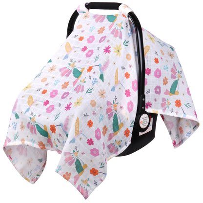 Rquite Car Seat Cover, Muslin Cotton Infant Car Seat Canopy, Breathable Baby Carrier Cover, Summer Stroller Sun Shade, Flower