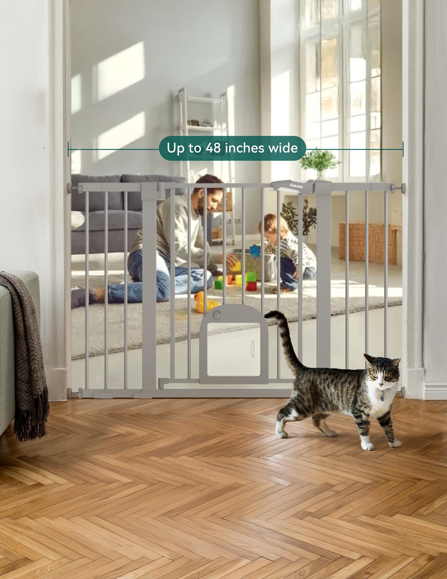 Babelio Upgraded Baby Gate with Cat Door, 29-43" Auto Close Durable Dog Gate for Stairs, Doorways and House, Easy Walk Thru Safety Gate with Pet Door Includes 4 Wall Cups, Black