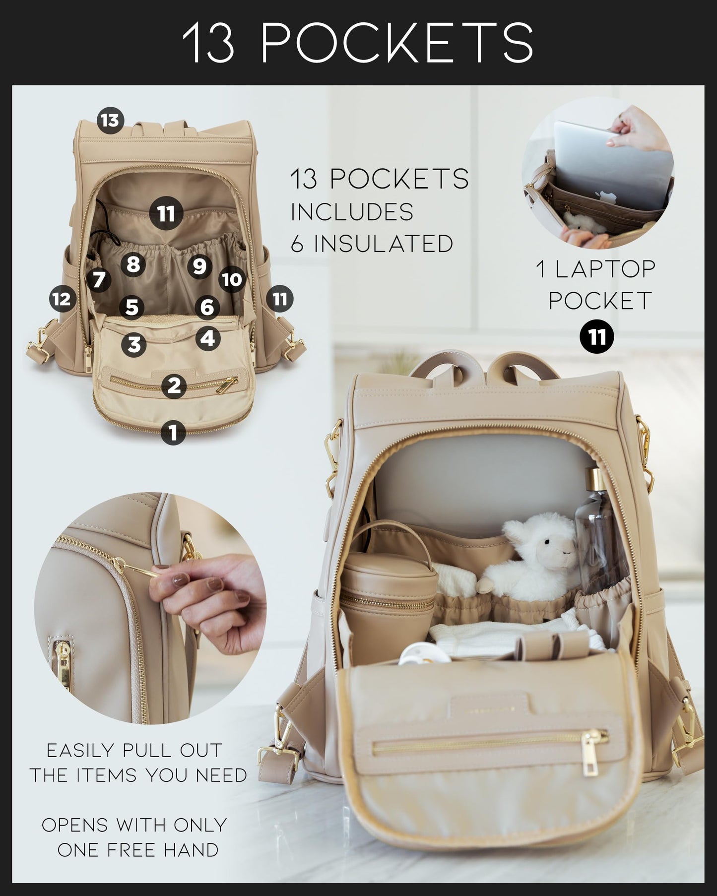 Leather Diaper Bag Backpack with USB Charging port, Changing Pad, Stroller Straps, and Bottle Holder (Brown Olivia)