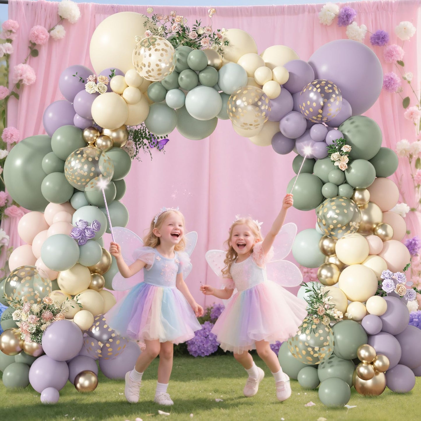 Amandir 173Pcs Pink Blue Green Balloon Arch Garland Kit, Dusty Baby Pink Mauve Pastel Mist Haze Green Blue Gold Confetti Balloons for Baby Shower Gender Reveal Wildflower Birthday Party Decorations