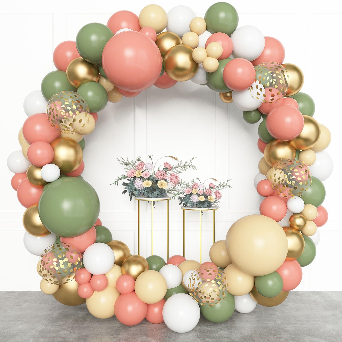 Amandir 153pcs Sage Green Balloon Garland Arch Kit, Different Sizes 18 12 10 5 inch Green Blush Gold Latex Metallic Confetti Gold Balloons for Birthday Baby Shower Wedding Safari Forest Decorations