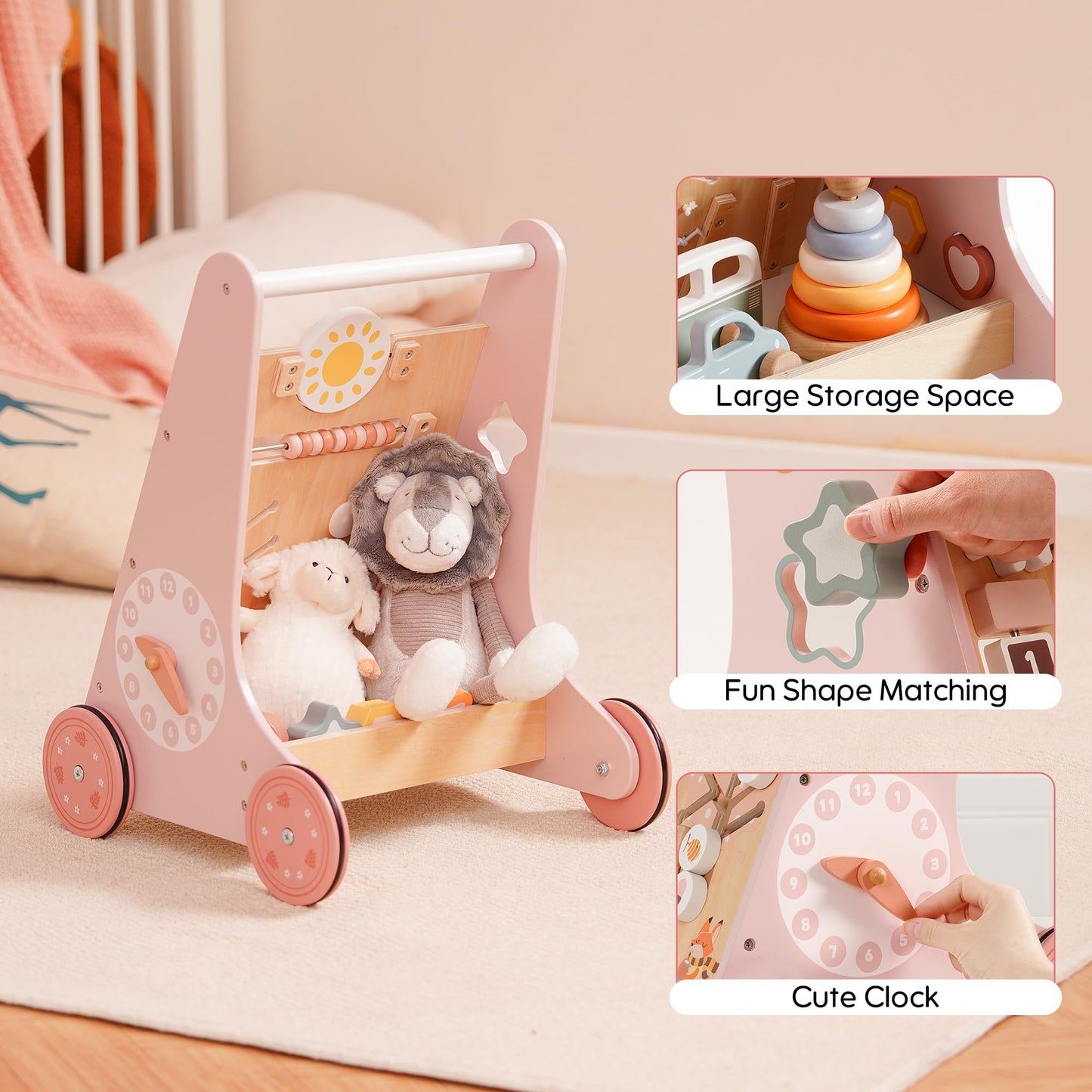 ROBUD Wooden Baby Walker, Baby Push Walker with Activity Center and Storage, Montessori Walker Toy for Boys and Girls Learning to Stand and Walk, Pink