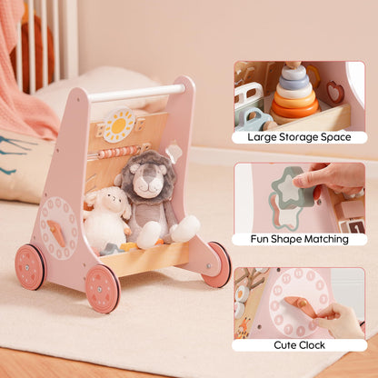 ROBUD Wooden Baby Walker, Baby Push Walker with Activity Center and Storage, Montessori Walker Toy for Boys and Girls Learning to Stand and Walk, Pink