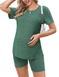 Ekouaer Maternity Sets 2 Piece Outfits Ribbed Knit Short Sleeve Shirts and Biker Shorts Pregnancy Loungewear Mama Clothes