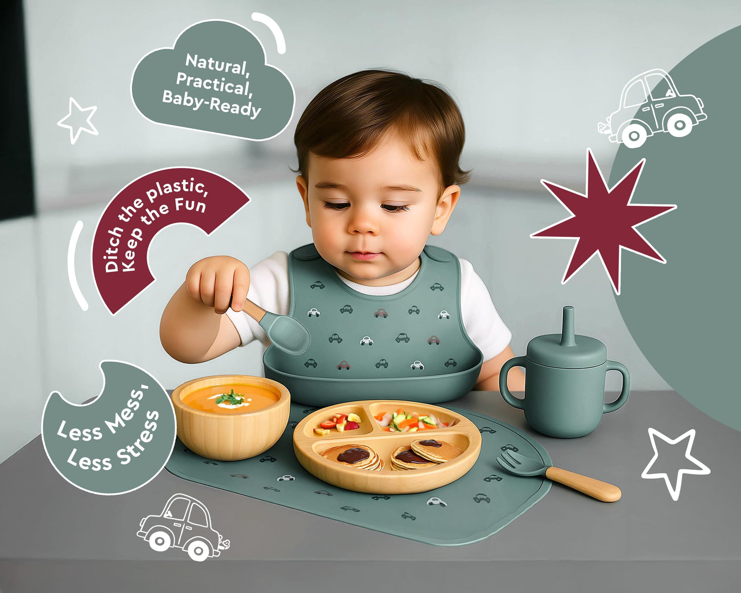 Bamboo Baby Feeding Set for Infants & Toddlers - Baby Essentials, Non-Toxic, Sustainable, Bamboo Suction Plate & Bowl, Bib, Sippy Cup w/Lid & Straw, Daily Use, Travel, Baby Shower Gifts (Pink)