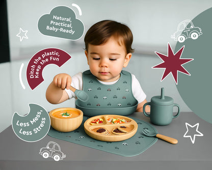 Bamboo Baby Feeding Set for Infants & Toddlers - Baby Essentials, Non-Toxic, Sustainable, Bamboo Suction Plate & Bowl, Bib, Sippy Cup w/Lid & Straw, Daily Use, Travel, Baby Shower Gifts (Pink)