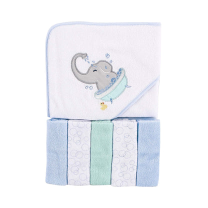 Luvable Friends Unisex Baby Hooded Towel with Five Washcloths, Cotton,Polyester,Ikat Elephant, One Size